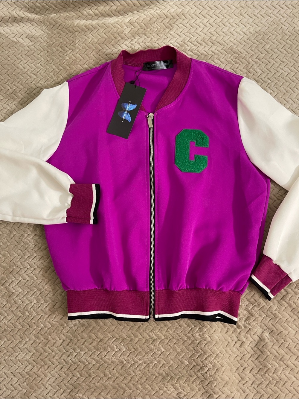 Girls'  women Fuchsia and White Letterman Jacket with Green Patch